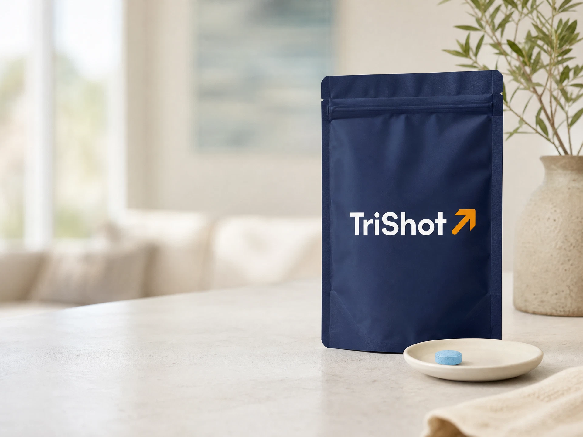 Editorial product image of a TriShot pouch and a blue rapid-dissolve tablet