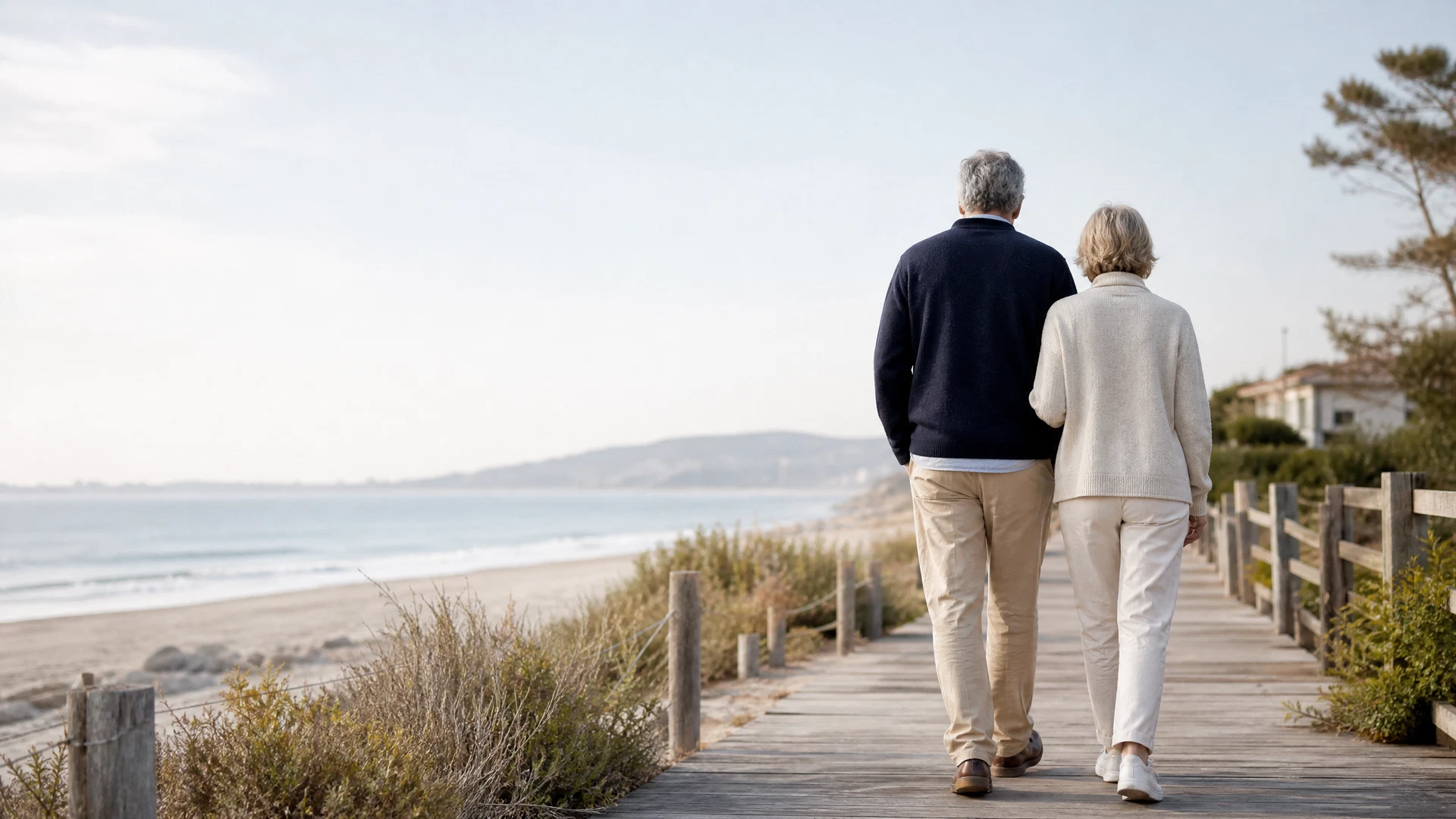 Mature couple walking together on a bright coastal boardwalk